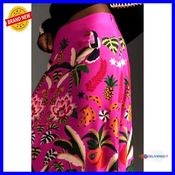 Tropical Print Midi Skirt High Waist Zipper A-Line Floral Summer Chic - Picture 5 of 7